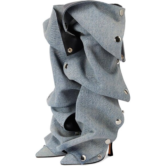 Women's Denim Blue Suede Detachable Snap-off Panel Fold Over Fall Shark Boots - Picture 1 of 8